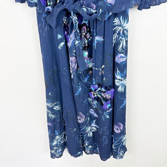Kobi Halperin Navy Floral Silk Midi Sequin Cocktail Shawl Dress Small - Picture 2 of 10
